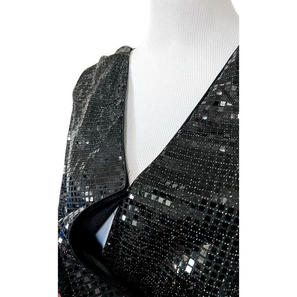Womens Black Sequin Top Wrap Style V-Neck Long Balloon Sleeves Party Glam Sz M - Picture 3 of 8